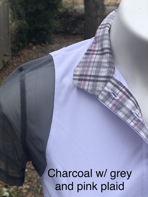 White with charcoal sleeves-grey and pink plaid collar